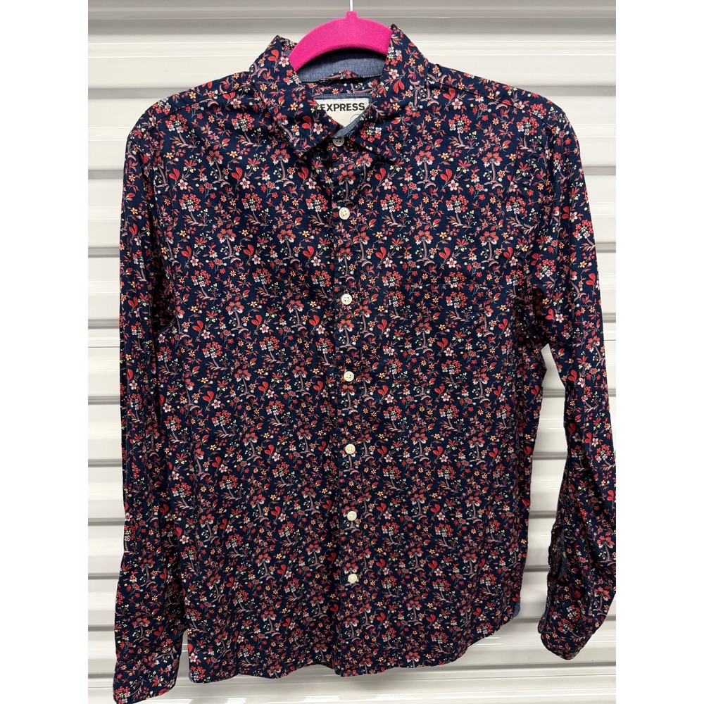 Express Mens Small Classic Soft Wash Floral Long Sleeve Button Down Shirt Navy